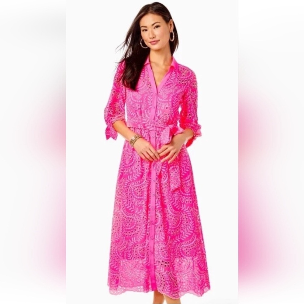 Lilly Pulitzer Amrita Pink Ruffled Maxi Dress with Puff Sleeves Size 2 - Picture 2 of 7